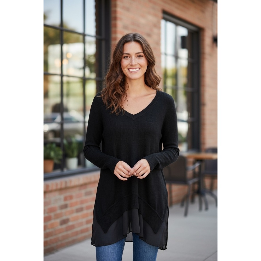 Chelsea & Theodore Black V-Neck Long Sleeve Tunic Sweater Top NWT